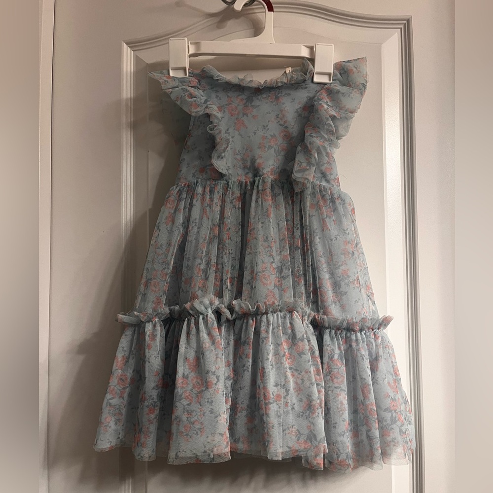 Maddie & Michelle Girls 5‎ Blue Floral Ruffle Dress Whimsical Garden Girly Dress